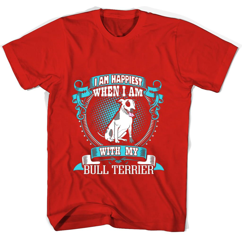 “I Am Happiest When I’m With My Bull Terrier T-Shirt: Show Your Love for Your Dog!” “I Am Happiest When I’m With My Bull Terrier T-Shirt: Show Your Love for Your Dog!”